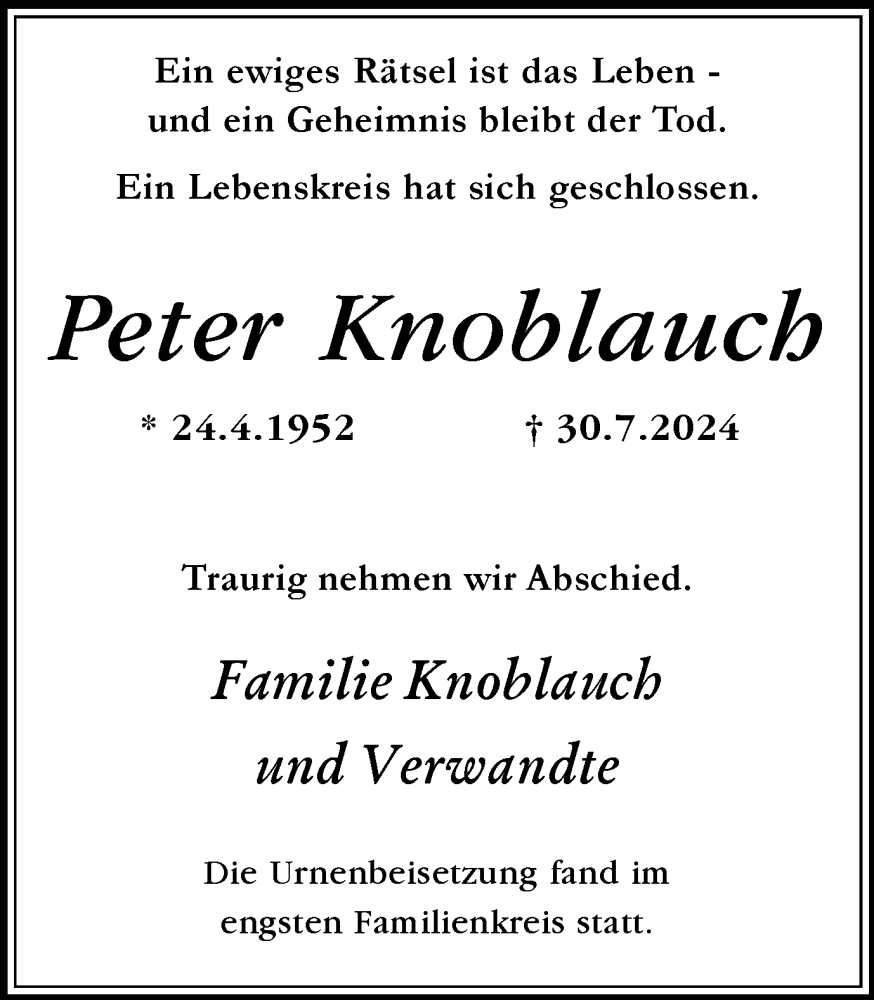  Traueranzeige für Peter Knoblauch vom 21.08.2024 aus Trauer Vest