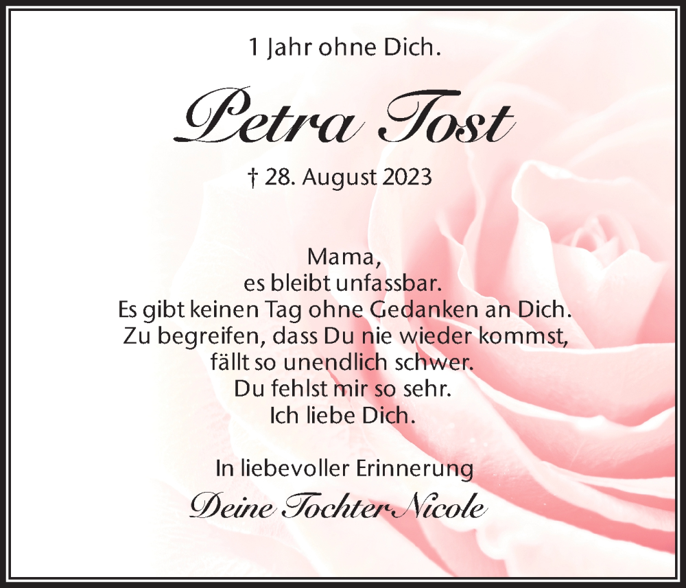 Traueranzeige für Petra Tost vom 28.08.2024 aus Trauer Vest
