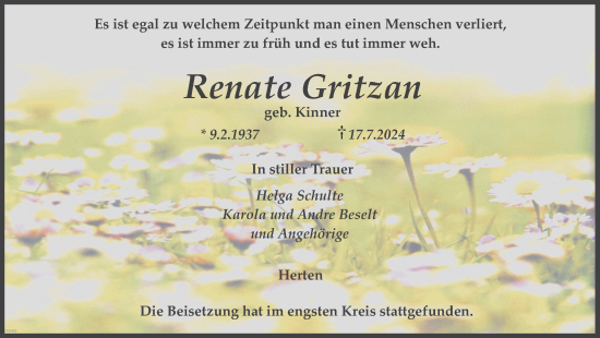 Traueranzeige von Renate Gritzan von Trauer Vest