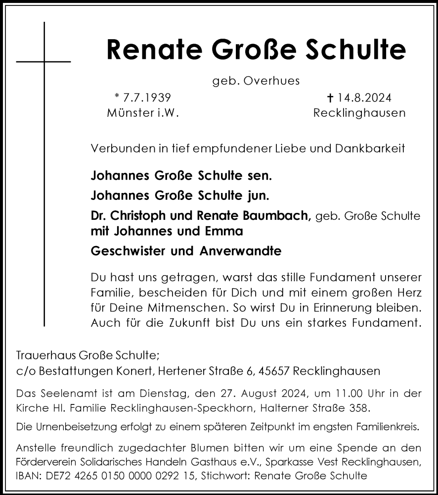  Traueranzeige für Renate Große Schulte vom 24.08.2024 aus Trauer Vest