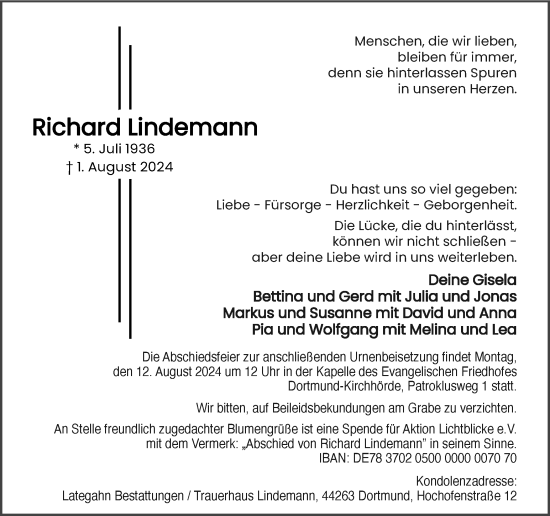 Traueranzeige von Richard Lindemann von Ruhr Nachrichten