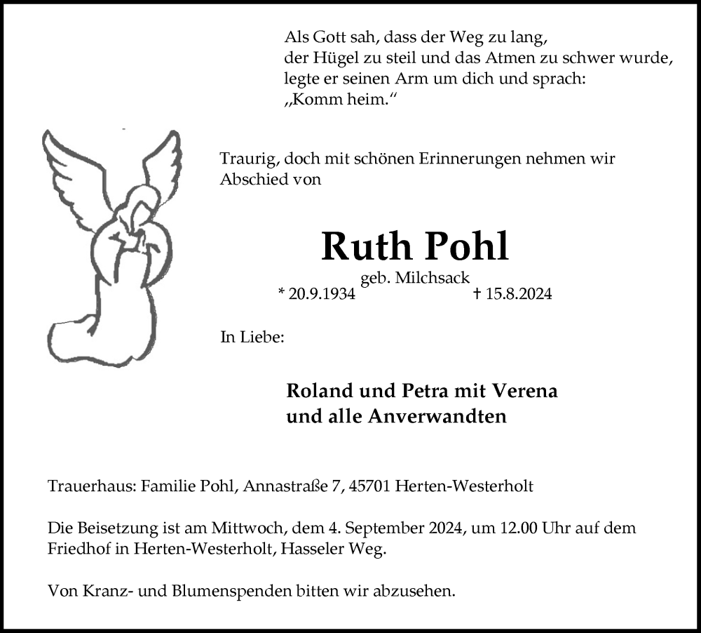  Traueranzeige für Ruth Pohl vom 28.08.2024 aus Trauer Vest