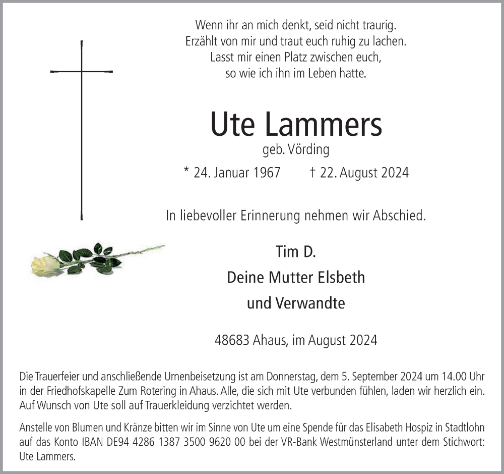  Traueranzeige für Ute Lammers vom 31.08.2024 aus Münsterland Zeitung