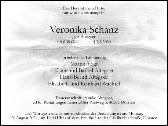 Traueranzeige von Veronika Schanz von Ruhr Nachrichten und Dorstener Zeitung