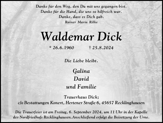 Traueranzeige von Waldemar Dick von Trauer Vest