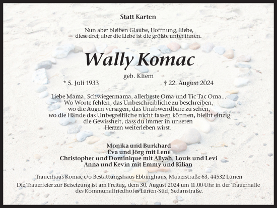 Traueranzeige von Wally Komac von Ruhr Nachrichten