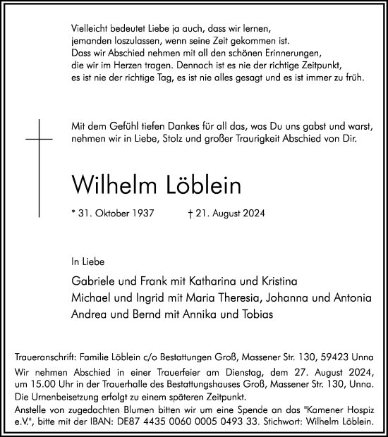 Traueranzeige von Wilhelm Löblein von Hellweger Anzeiger