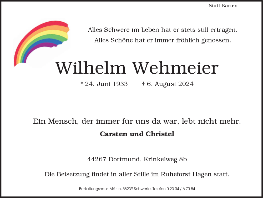  Traueranzeige für Wilhelm Wehmeier vom 10.08.2024 aus Ruhr Nachrichten