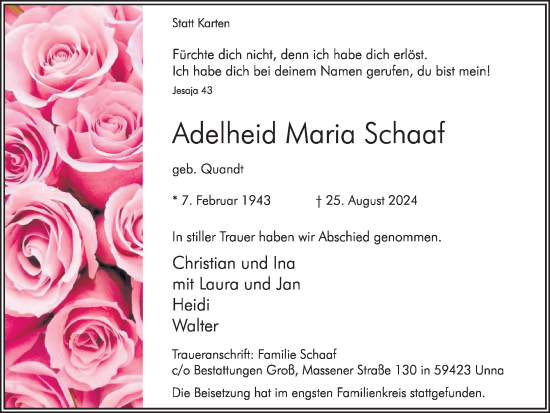 Traueranzeige von Adelheid Maria Schaaf von Hellweger Anzeiger