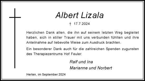 Traueranzeige von Albert Lizala von Trauer Vest