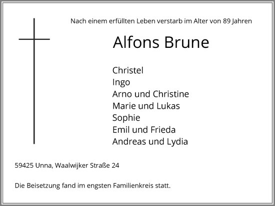 Traueranzeige von Alfons Brune von Hellweger Anzeiger