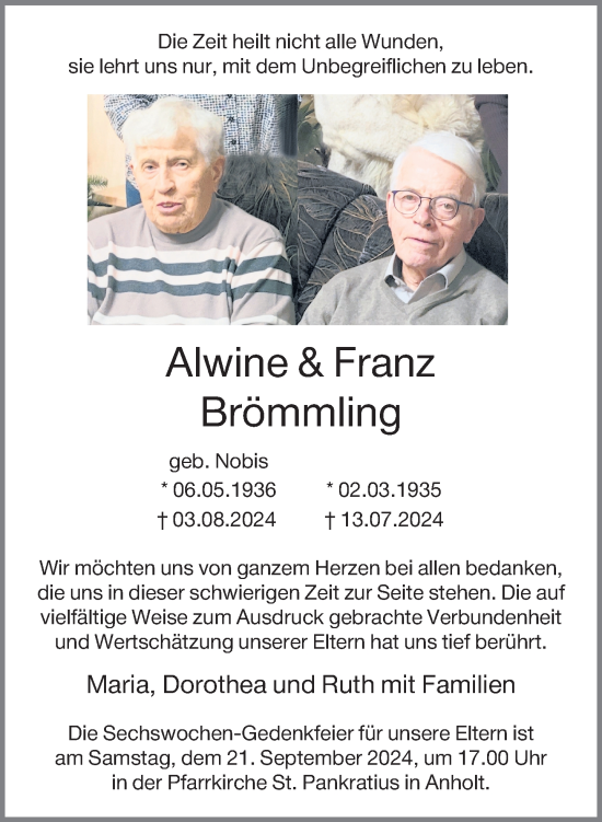 Traueranzeige von Alwine und Franz Brömmling von Bocholter-Borkener Volksblatt