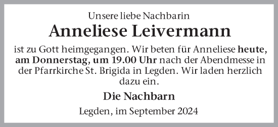 Traueranzeige von Anneliese Leivermann von Münsterland Zeitung