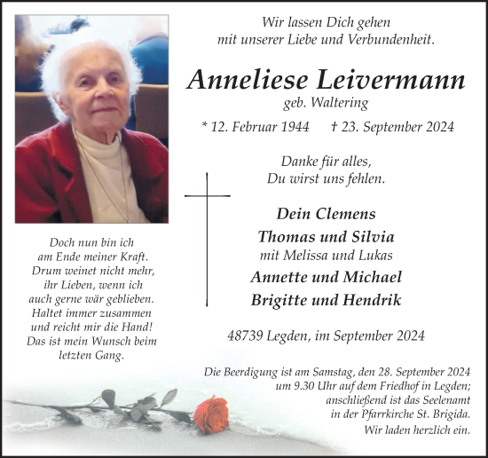 Traueranzeige von Anneliese Leivermann von Münsterland Zeitung