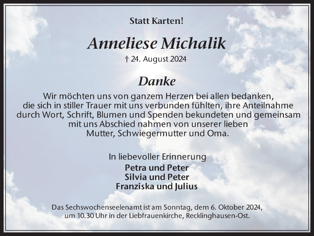  Traueranzeige für Anneliese Michalik vom 28.09.2024 aus Trauer Vest