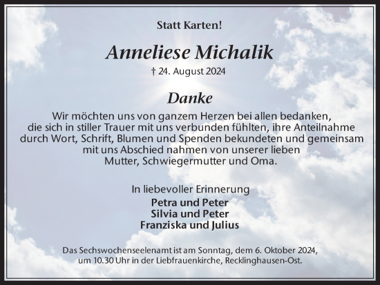 Traueranzeige von Anneliese Michalik von Trauer Vest