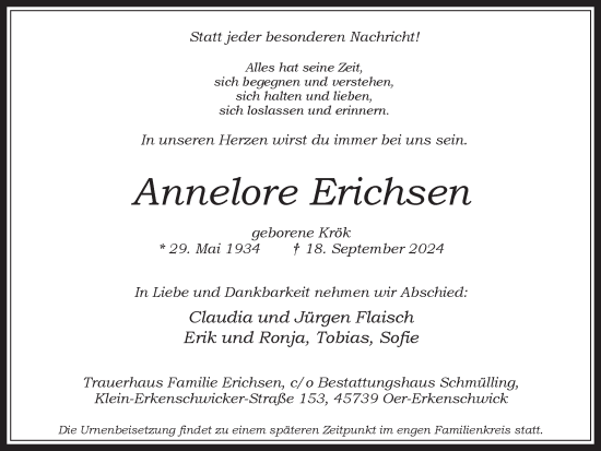 Traueranzeige von Annelore Erichsen von Trauer Vest