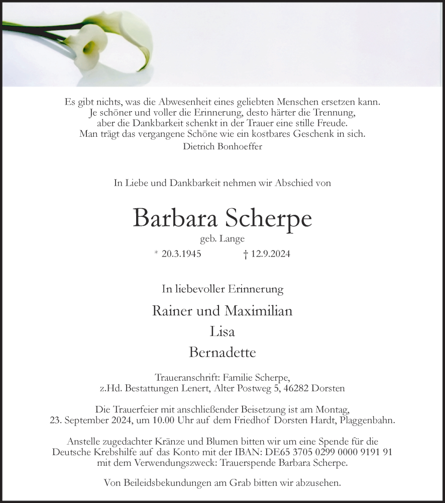  Traueranzeige für Barbara Scherpe vom 18.09.2024 aus Ruhr Nachrichten und Dorstener Zeitung
