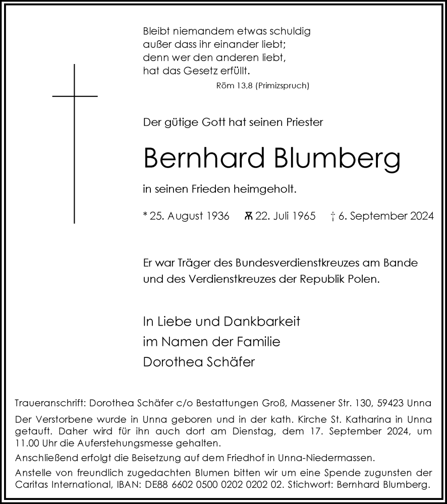  Traueranzeige für Bernhard Blumberg vom 11.09.2024 aus Hellweger Anzeiger