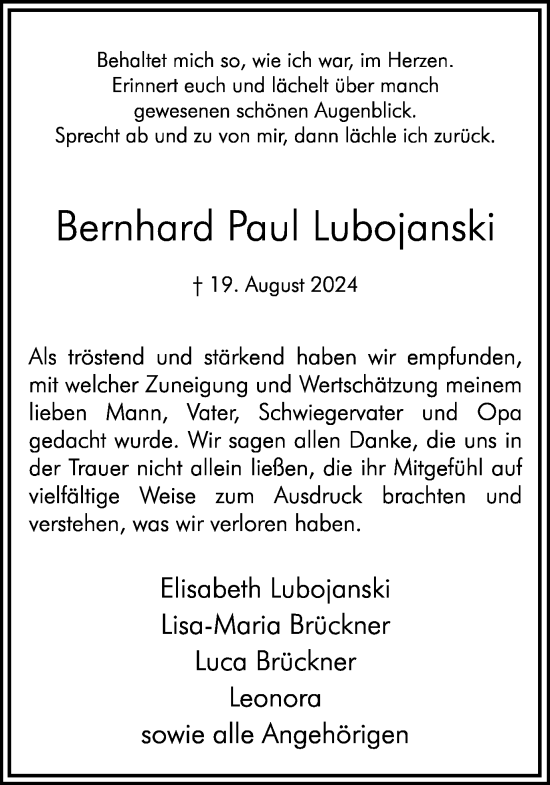 Traueranzeige von Bernhard Paul Lubojanski von Hellweger Anzeiger