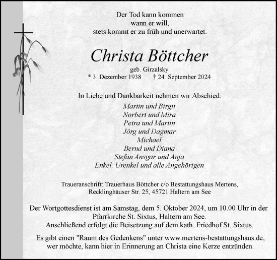 Traueranzeige von Christa Böttcher von Ruhr Nachrichten und Halterner Zeitung