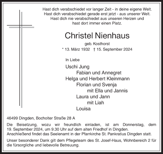 Traueranzeige von Christel Nienhaus von Bocholter-Borkener Volksblatt