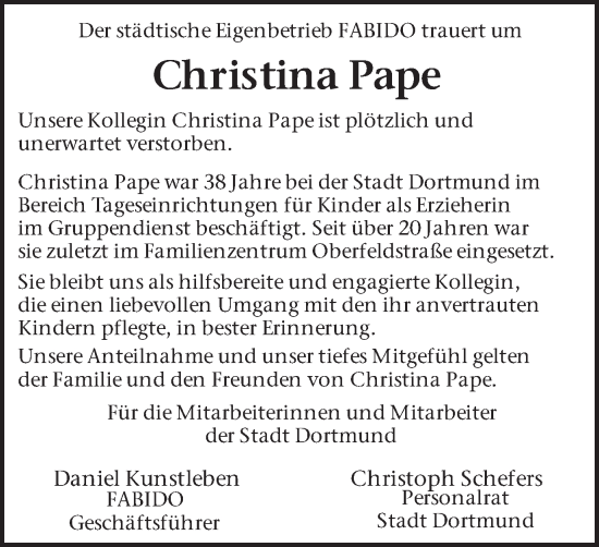 Traueranzeige von Christina Pape von Ruhr Nachrichten