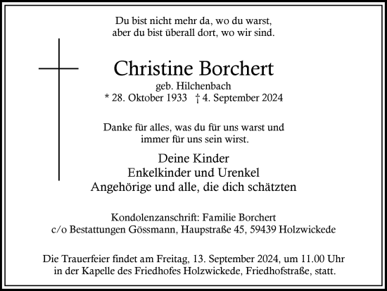 Traueranzeige von Christine Borchert von Hellweger Anzeiger