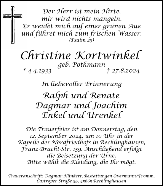 Traueranzeige von Christine Kortwinkel von Trauer Vest