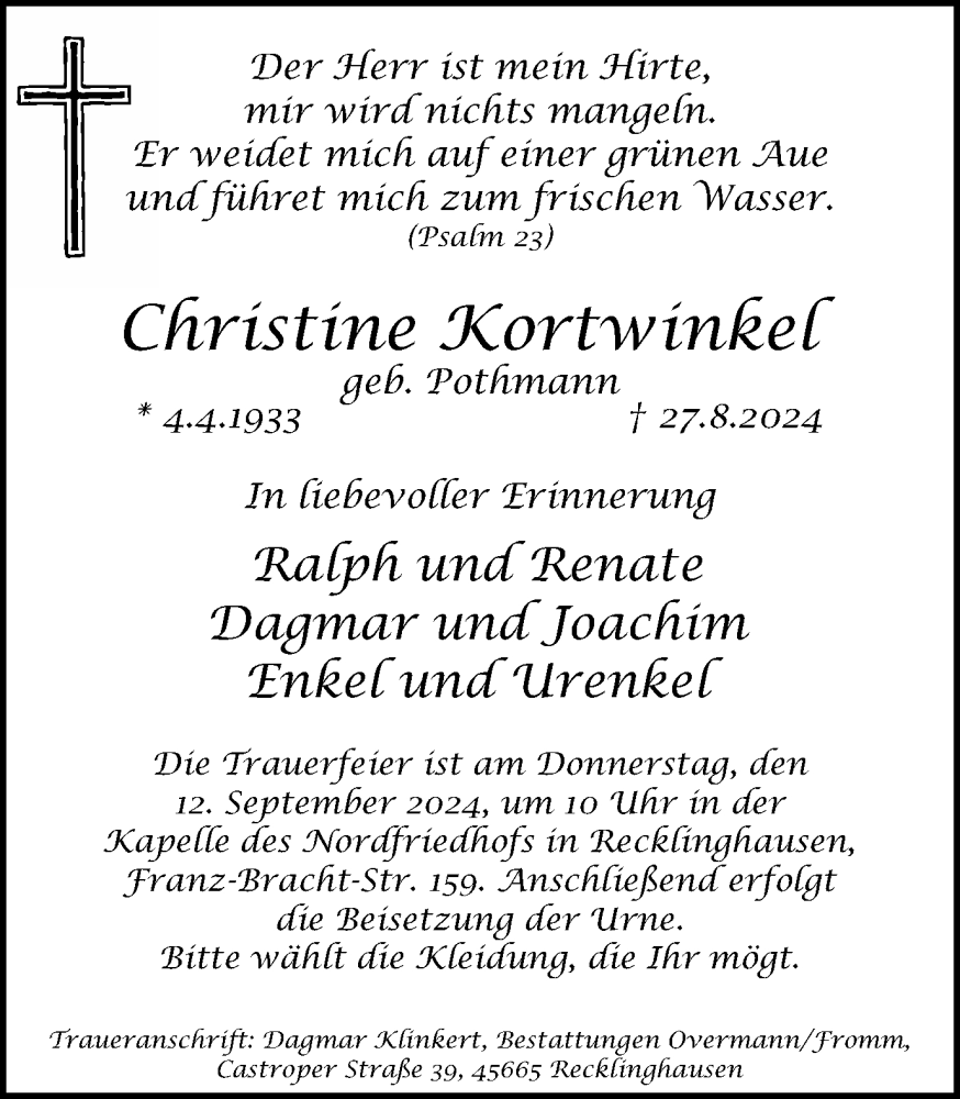  Traueranzeige für Christine Kortwinkel vom 07.09.2024 aus Trauer Vest