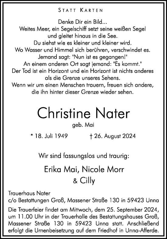 Traueranzeige von Christine Nater von Hellweger Anzeiger