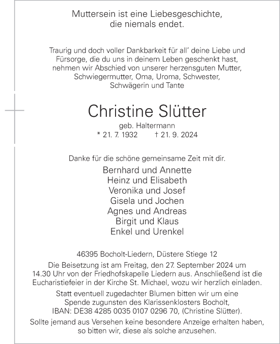 Traueranzeige von Christine Slütter von Bocholter-Borkener Volksblatt