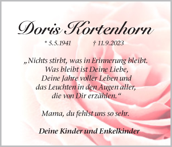 Traueranzeige von Doris Kortenhorn von Ruhr Nachrichten und Dorstener Zeitung