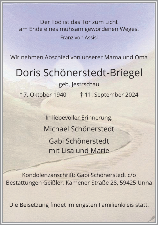 Traueranzeige von Doris Schönerstedt-Briegel von Hellweger Anzeiger