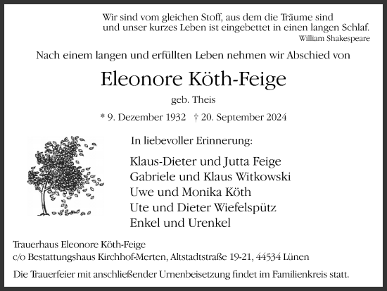 Traueranzeige von Eleonore Köth-Feige von Ruhr Nachrichten