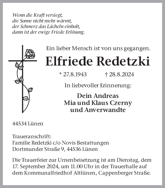 Traueranzeige von Elfriede Redetzki von Lüner Anzeiger