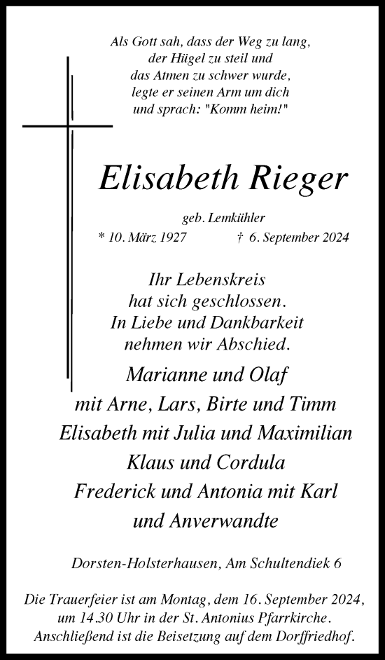 Traueranzeige von Elisabeth Rieger von Ruhr Nachrichten und Dorstener Zeitung