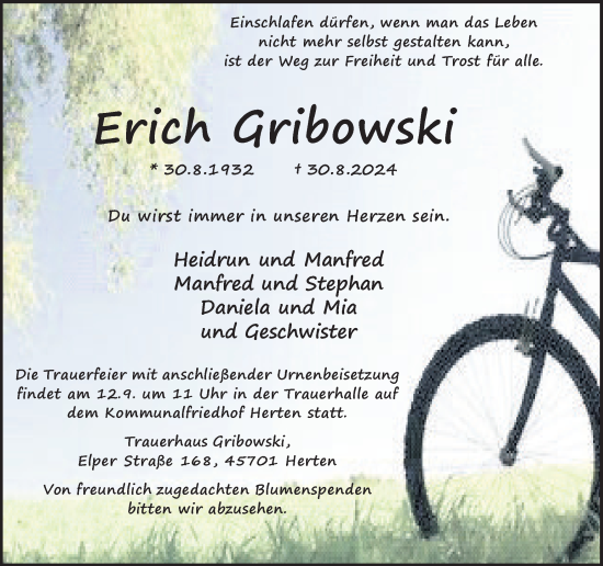Traueranzeige von Erich Gribowski von Trauer Vest
