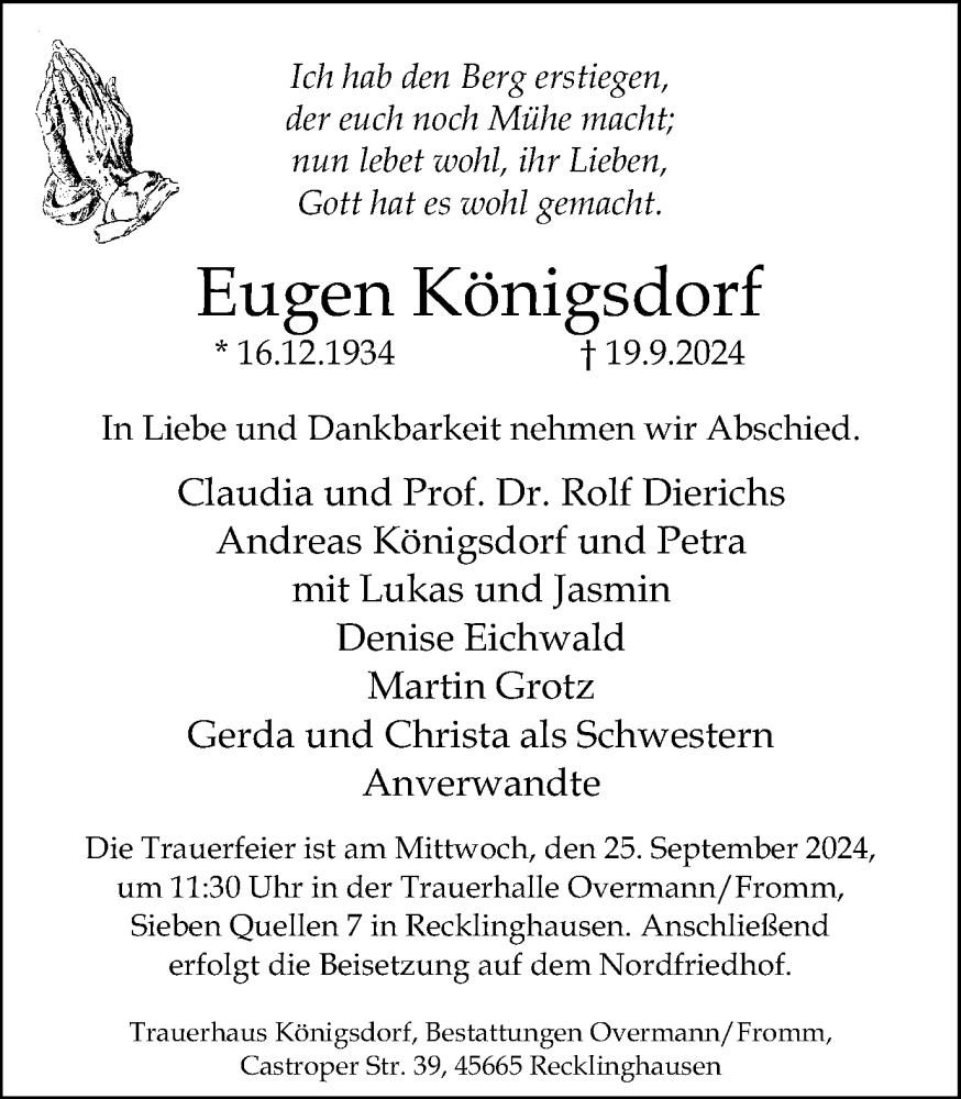 Traueranzeige für Eugen Königsdorf vom 21.09.2024 aus Trauer Vest