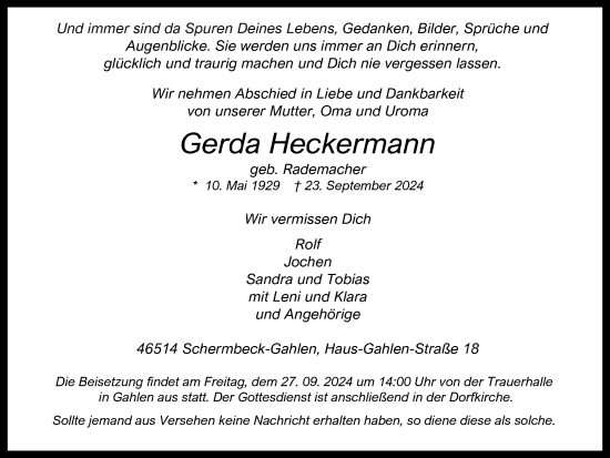 Traueranzeige von Gerda Heckermann von Ruhr Nachrichten und Dorstener Zeitung