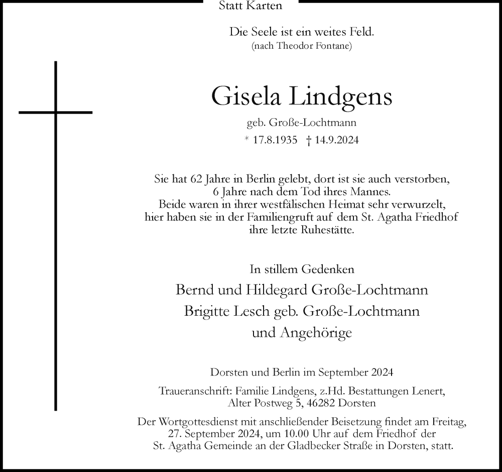  Traueranzeige für Gisela Lindgens vom 21.09.2024 aus Ruhr Nachrichten und Dorstener Zeitung