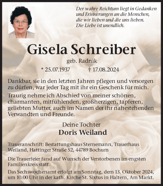 Traueranzeige von Gisela Schreiber von Ruhr Nachrichten und Halterner Zeitung