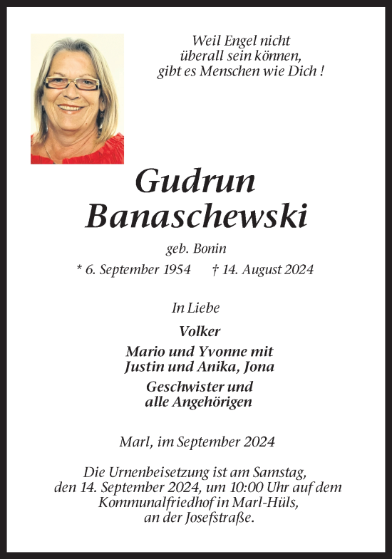 Traueranzeige von Gudrun Banaschewski von Ruhr Nachrichten und Halterner Zeitung