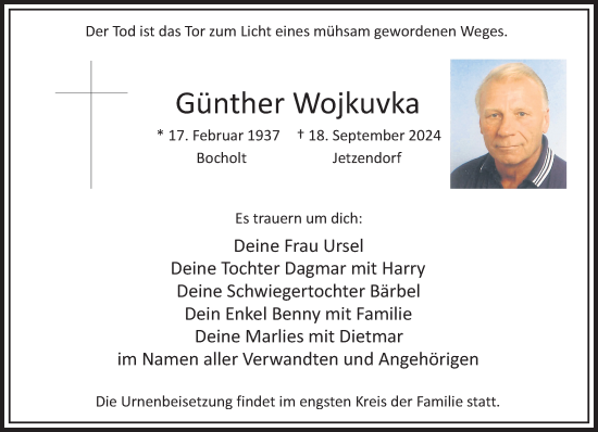 Traueranzeige von Günther Wojkuvka von Bocholter-Borkener Volksblatt