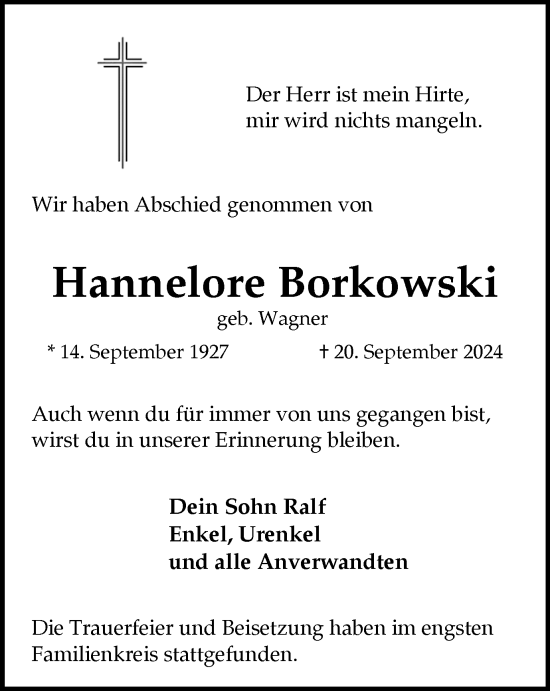 Traueranzeige von Hannelore Borkowski von Trauer Vest
