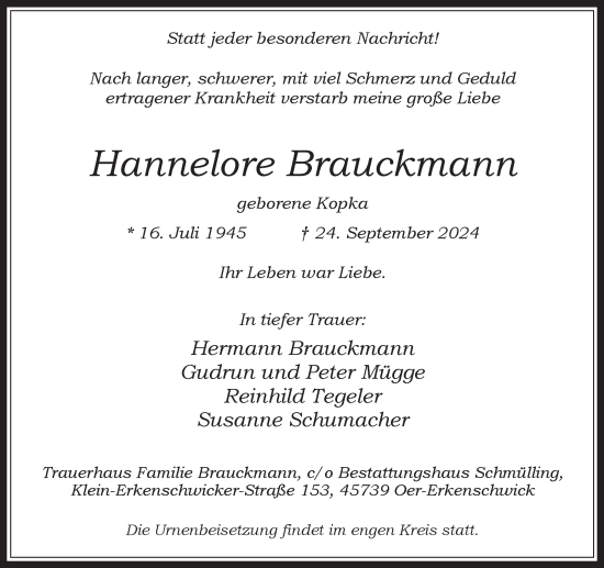 Traueranzeige von Hannelore Brauckmann von Trauer Vest