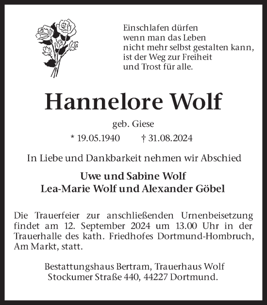 Traueranzeige von Hannelore Wolf von Ruhr Nachrichten