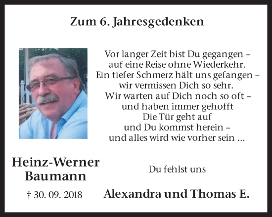 Traueranzeige von Hans-Werner Baumann von Stadtanzeiger Castrop-Rauxel