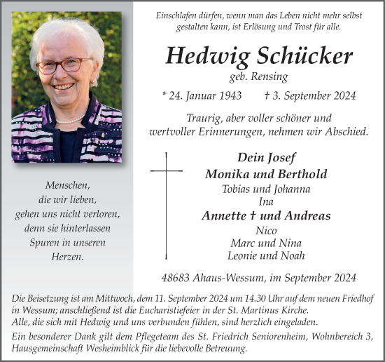 Traueranzeige von Hedwig Schücker von Münsterland Zeitung