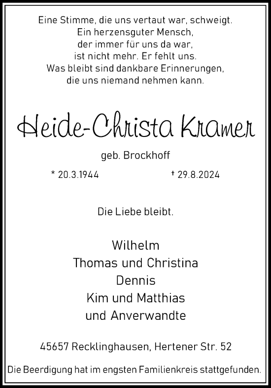 Traueranzeige von Heide-Christa Kramer von Trauer Vest
